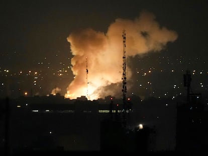 Smoke rises up after an explosion in Tehran, Iran, Friday, June 13, 2025. (AP Photo/Vahid Salemi)